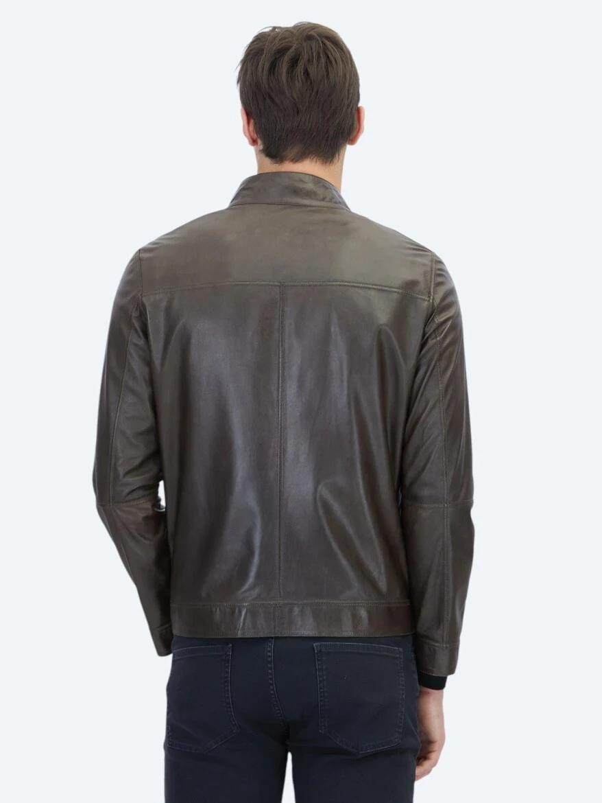 Haki Regular Fit Dik Yaka Smart Casual Çift Taraflı Deri Mont - 8