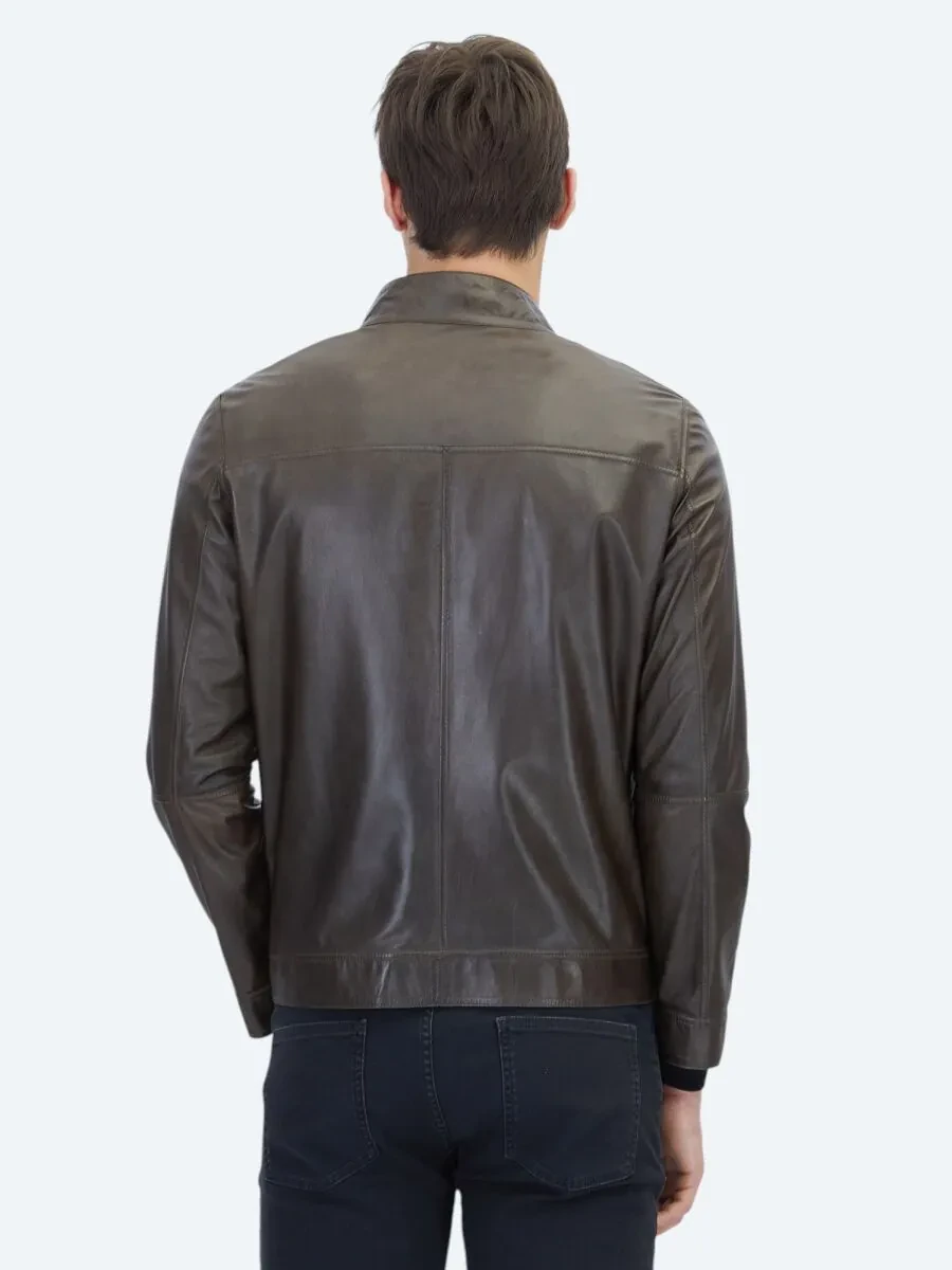 Haki Regular Fit Dik Yaka Smart Casual Çift Taraflı Deri Mont - 8