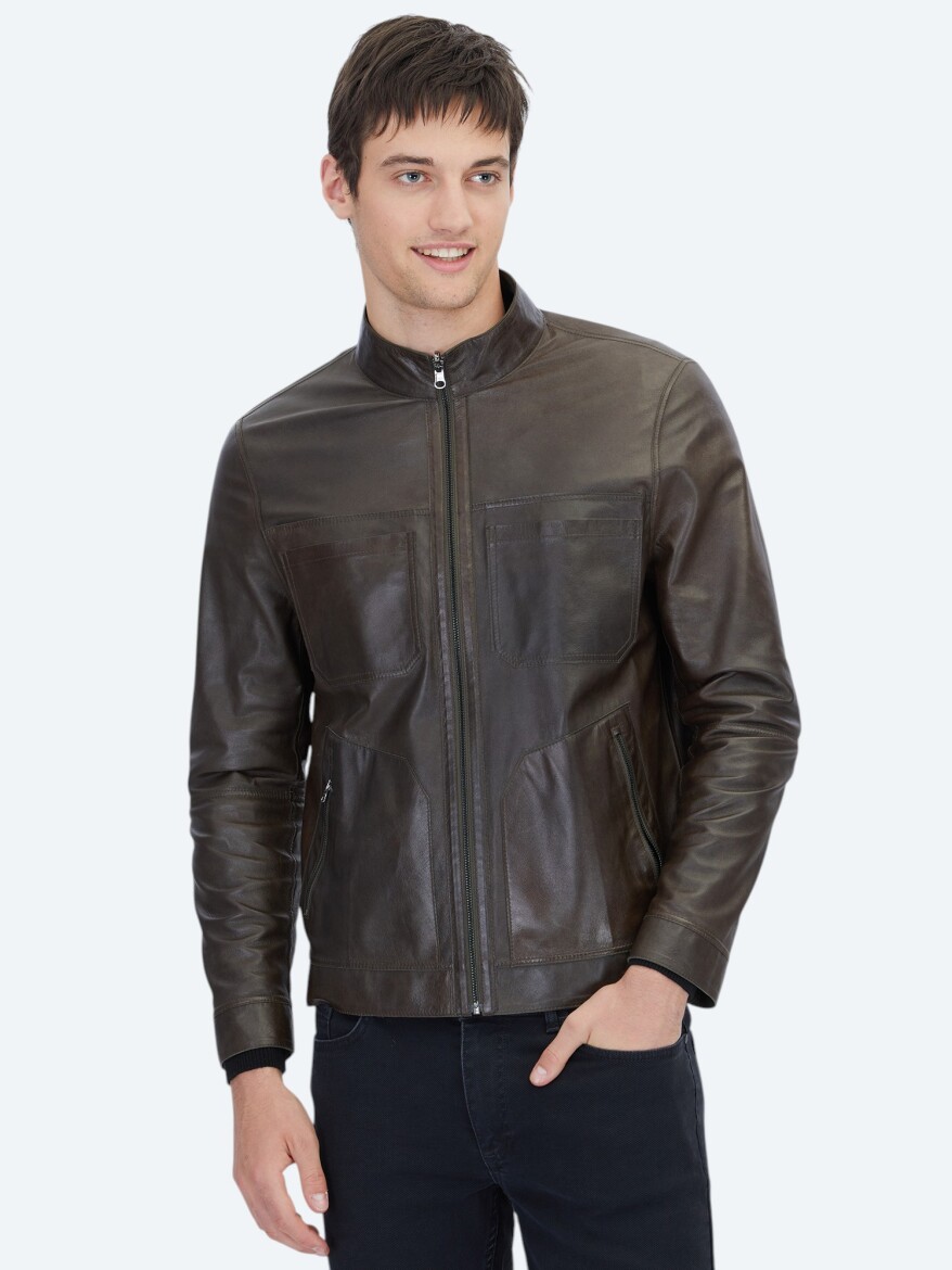 Haki Regular Fit Dik Yaka Smart Casual Çift Taraflı Deri Mont - 2