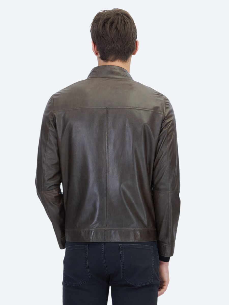 Haki Regular Fit Dik Yaka Smart Casual Çift Taraflı Deri Mont - 8