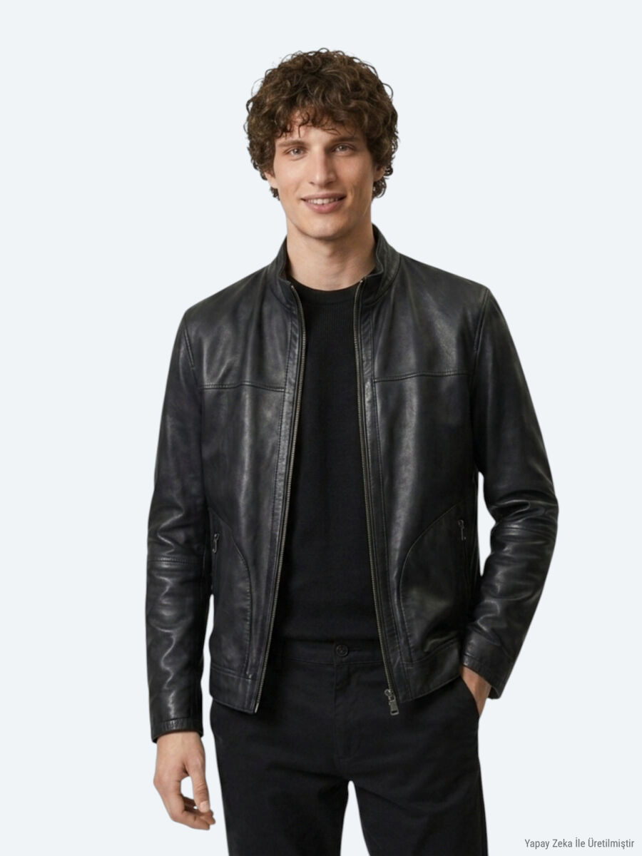 Haki Regular Fit Dik Yaka Smart Casual Çift Taraflı Deri Mont - 1