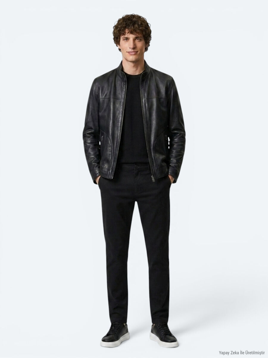 Haki Regular Fit Dik Yaka Smart Casual Çift Taraflı Deri Mont - 3