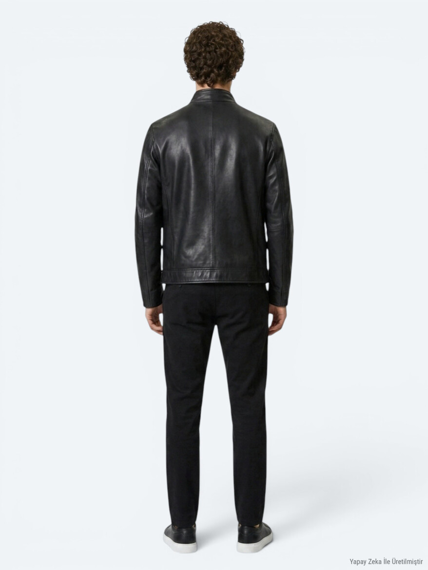 Haki Regular Fit Dik Yaka Smart Casual Çift Taraflı Deri Mont - 5