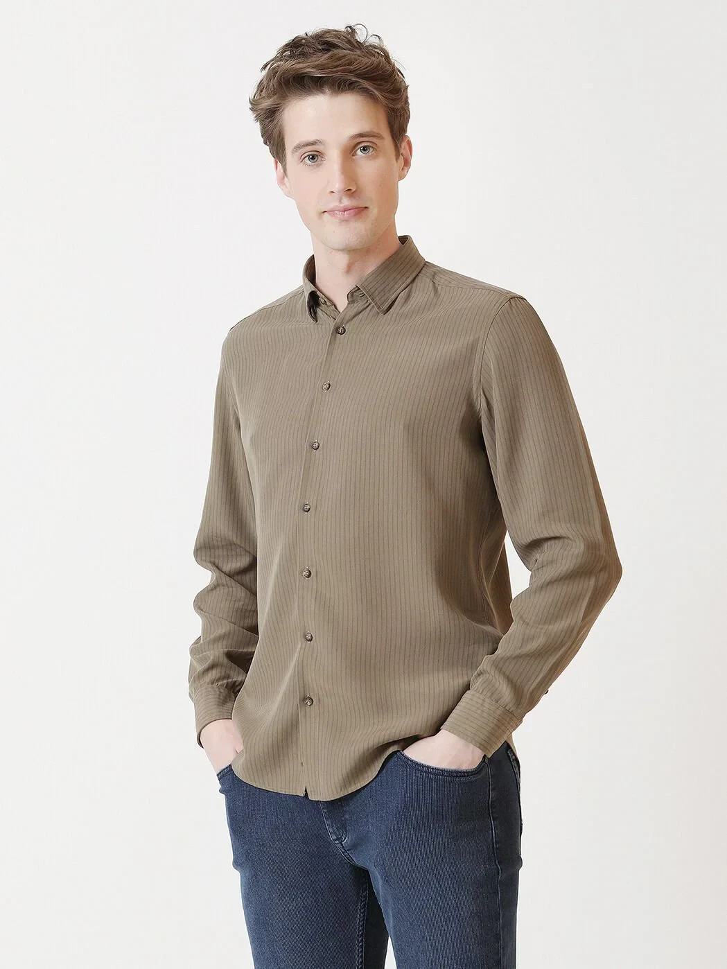 Haki Regular Fit Dokuma Casual Gömlek - 1