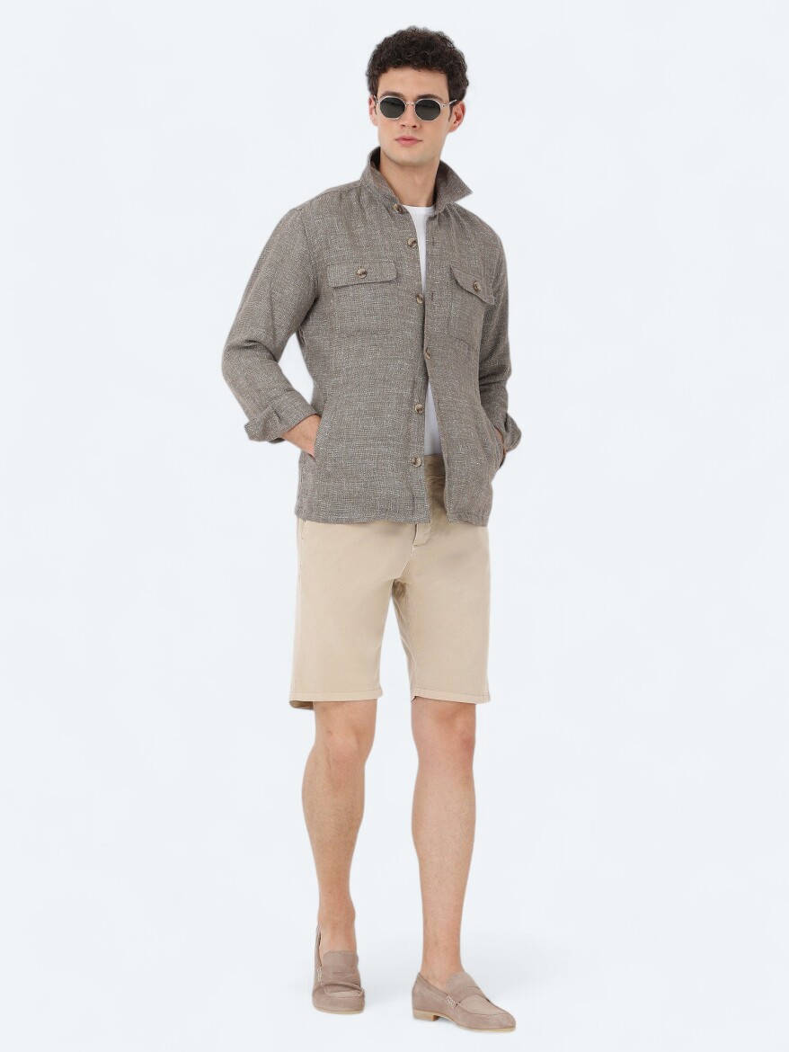 Haki Regular Fit Dokuma Keten Karışımlı Overshirt - 3