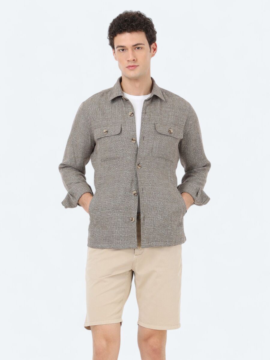 Haki Regular Fit Dokuma Keten Karışımlı Overshirt - 4
