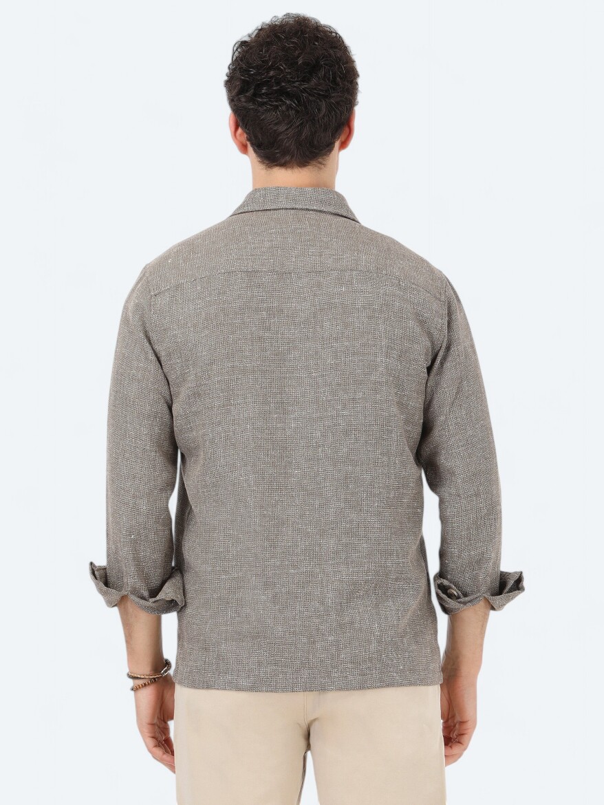 Haki Regular Fit Dokuma Keten Karışımlı Overshirt - 6