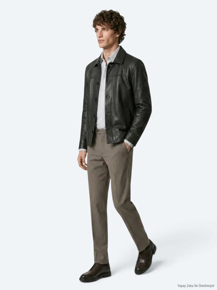 Haki Regular Fit Gömlek Yaka Casual Deri Deri Mont - 5