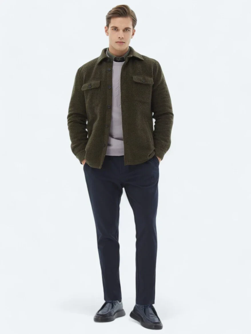 Haki Regular Fit Gömlek Yaka Casual Örme Mont - 2