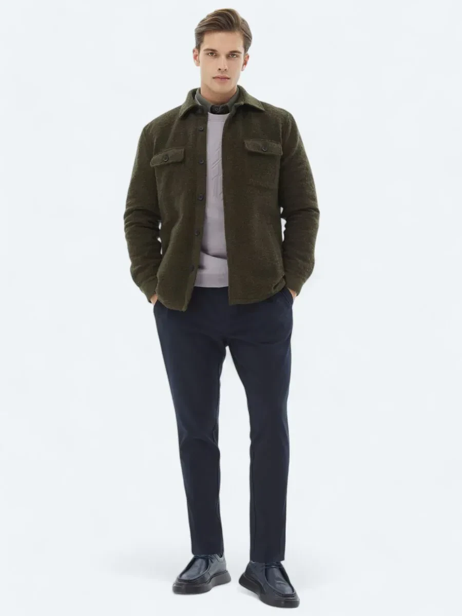 Haki Regular Fit Gömlek Yaka Casual Örme Mont - 2