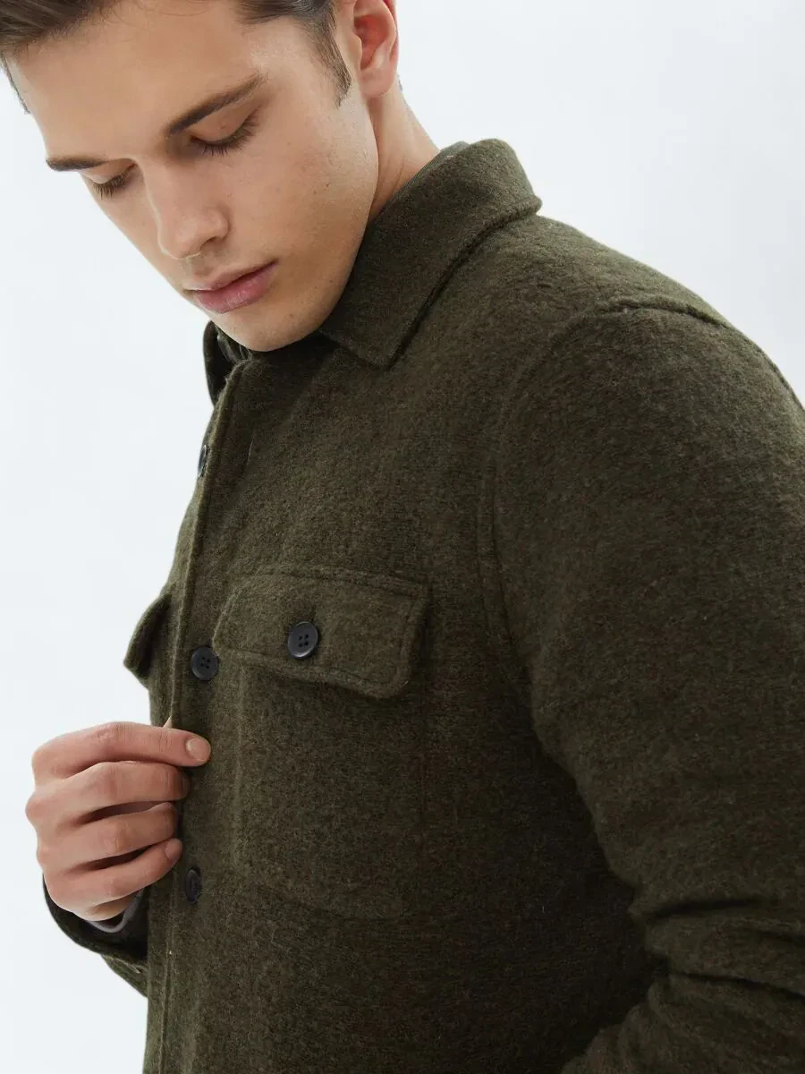 Haki Regular Fit Gömlek Yaka Casual Örme Mont - 4