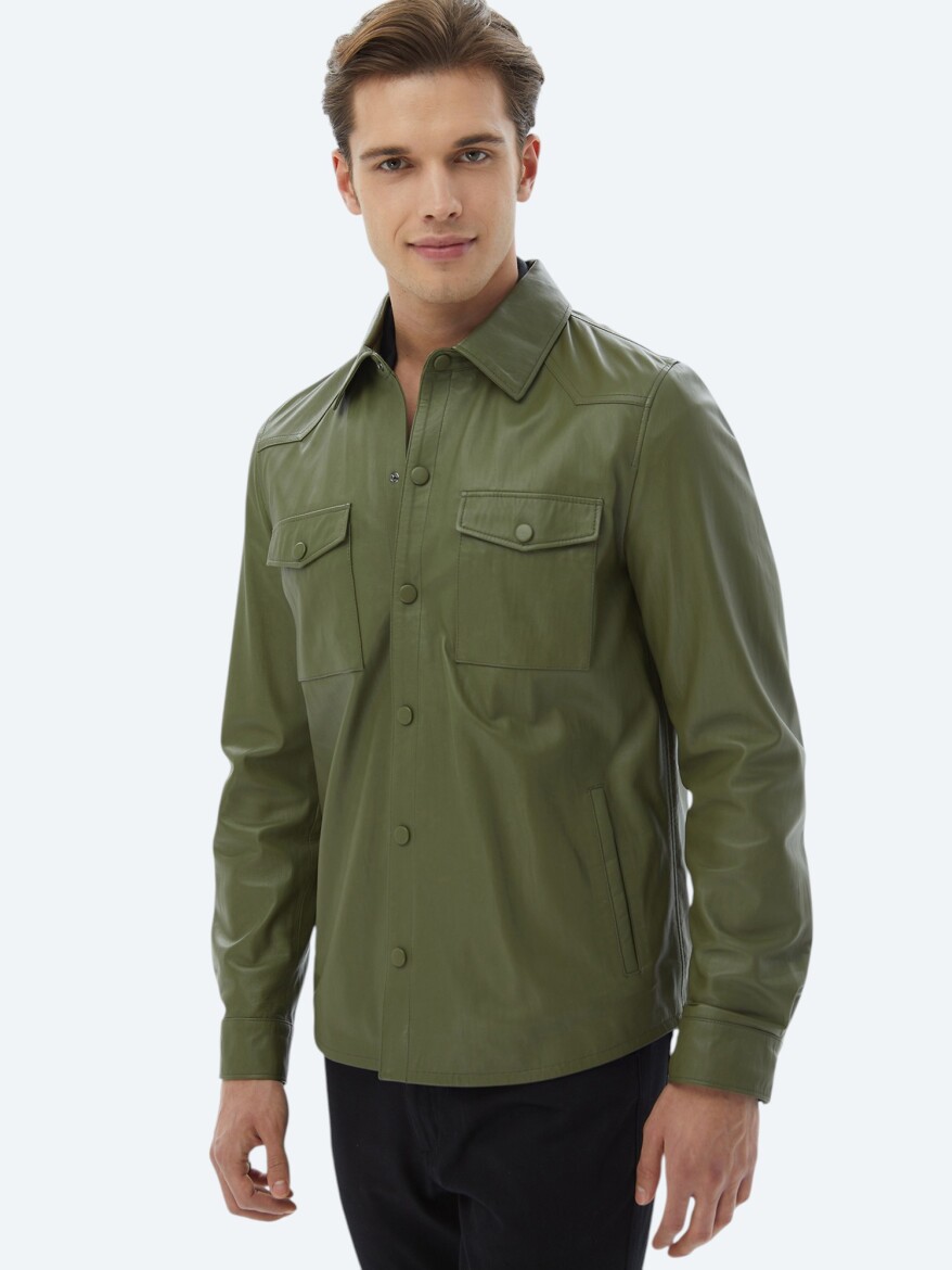 Haki Regular Fit Gömlek Yaka Smart Casual Koyun Derisi Deri Mont - 1
