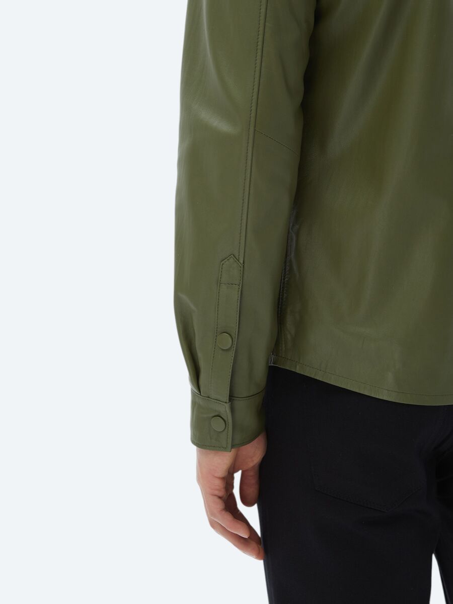 Haki Regular Fit Gömlek Yaka Smart Casual Koyun Derisi Deri Mont - 7