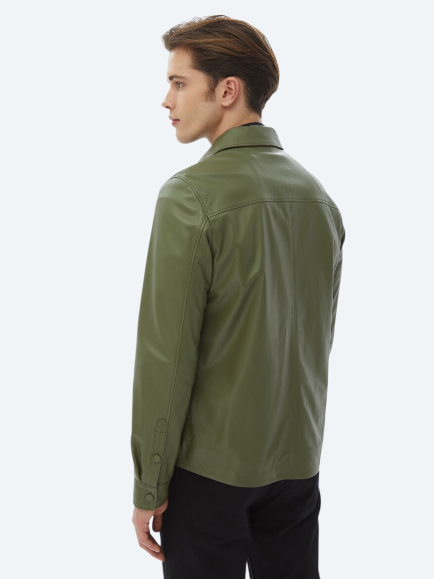 Haki Regular Fit Gömlek Yaka Smart Casual Koyun Derisi Deri Mont - 8