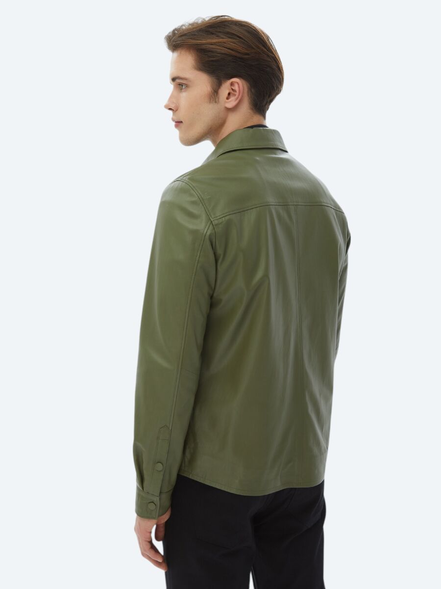 Haki Regular Fit Gömlek Yaka Smart Casual Koyun Derisi Deri Mont - 8