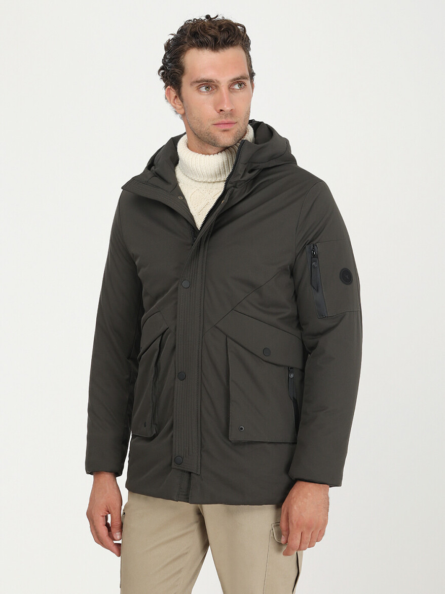 Haki Regular Fit Kapüşonlu Casual Dokuma Kaban - 1