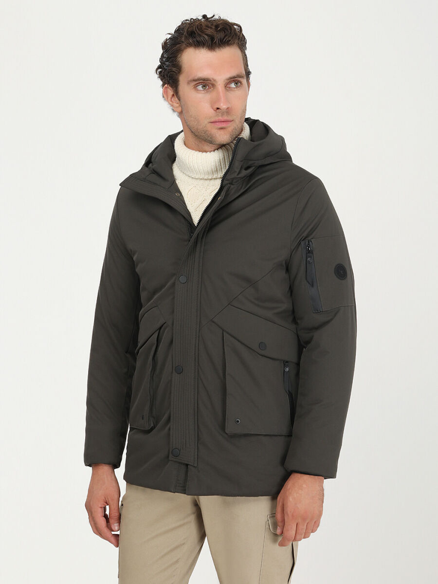 Haki Regular Fit Kapüşonlu Casual Dokuma Kaban - 1