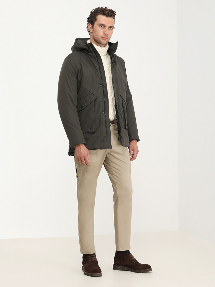 Haki Regular Fit Kapüşonlu Casual Dokuma Kaban - 2