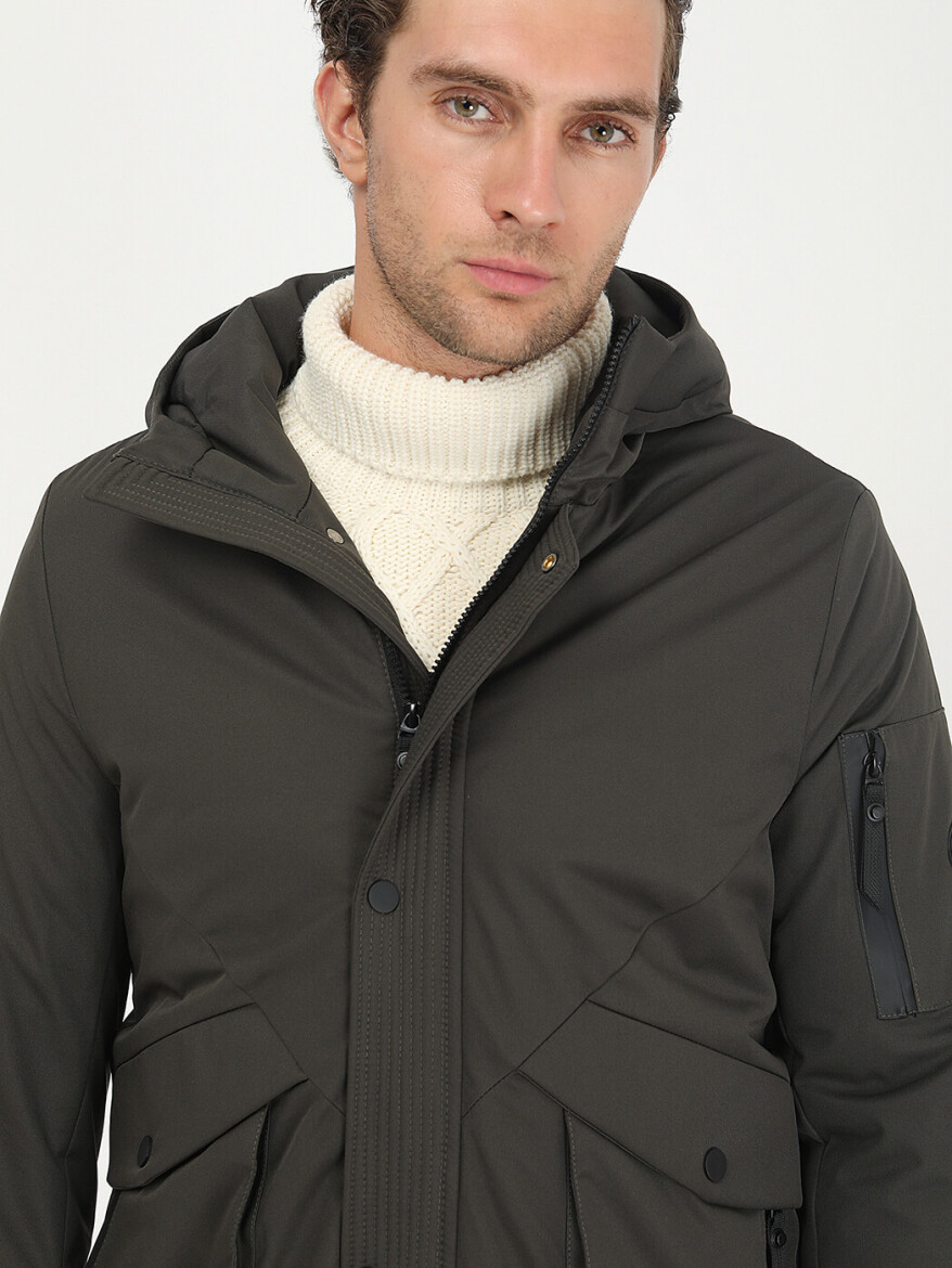 Haki Regular Fit Kapüşonlu Casual Dokuma Kaban - 3