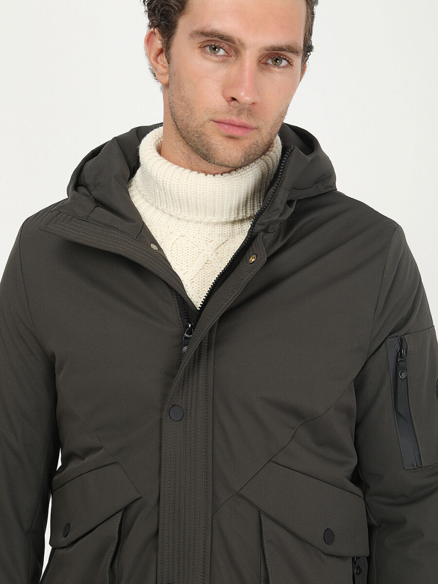 Haki Regular Fit Kapüşonlu Casual Dokuma Kaban - 3