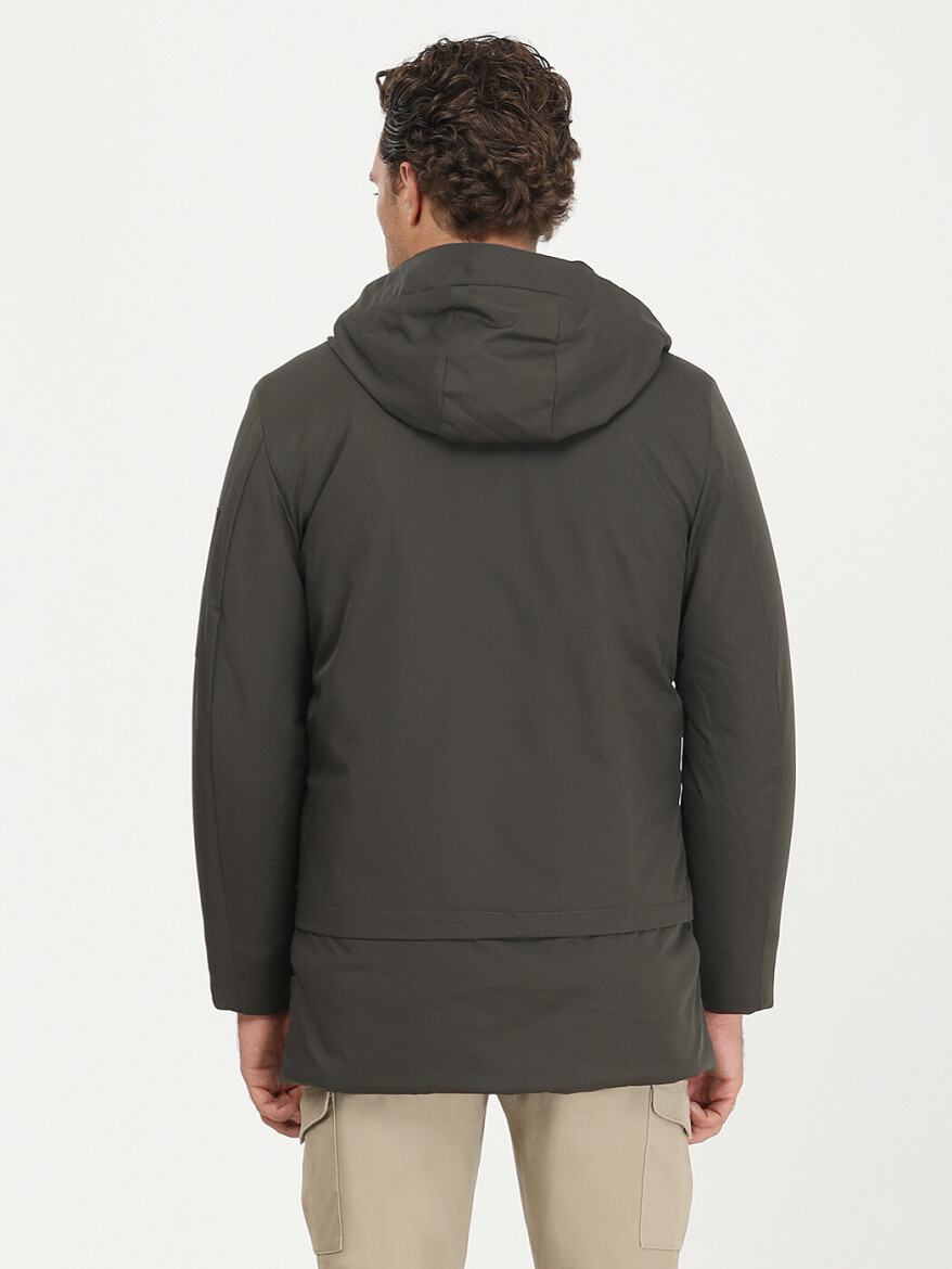 Haki Regular Fit Kapüşonlu Casual Dokuma Kaban - 7