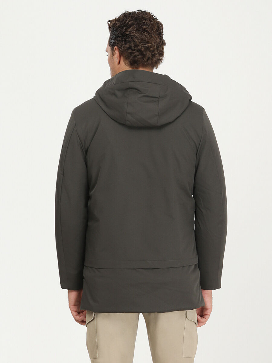 Haki Regular Fit Kapüşonlu Casual Dokuma Kaban - 7