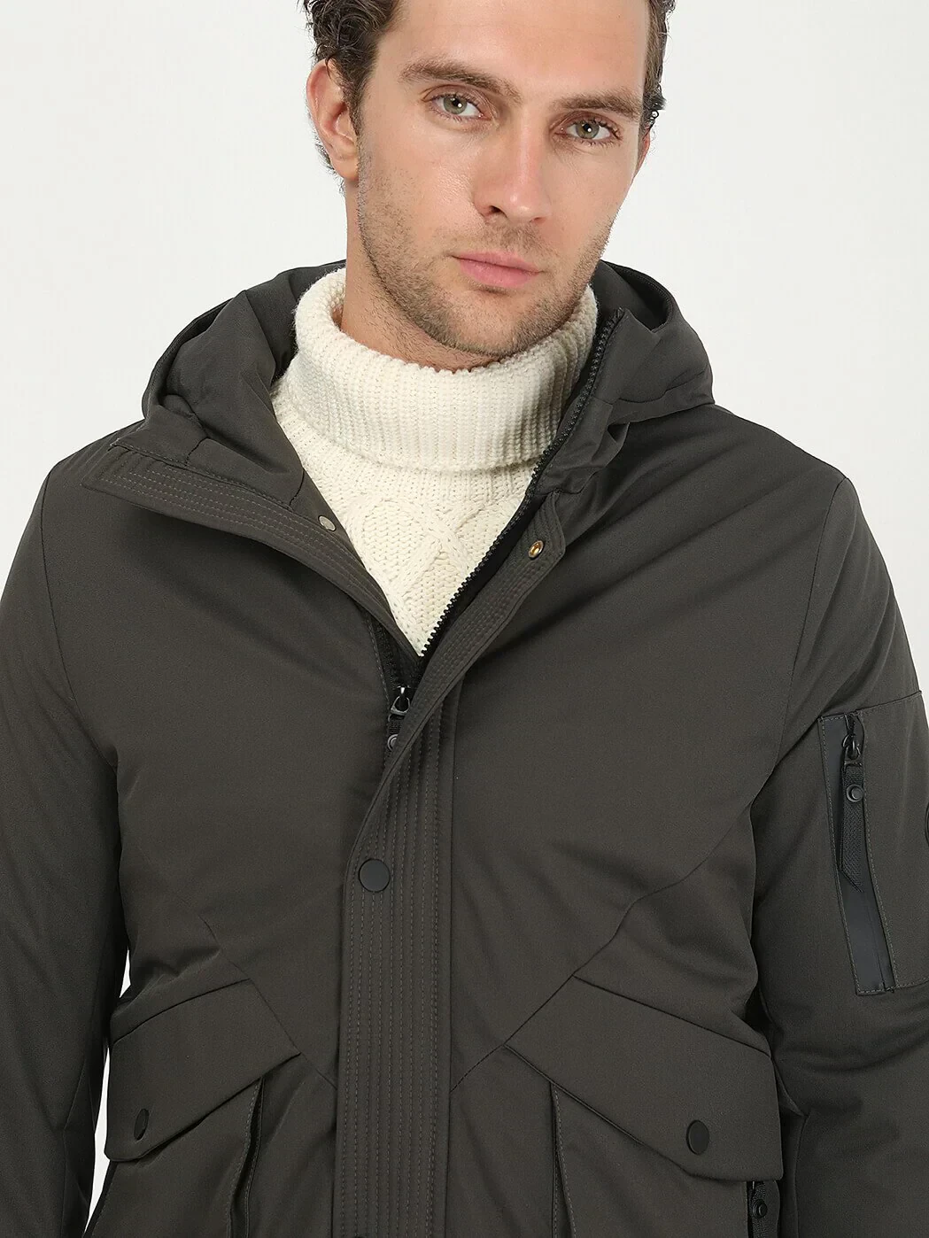 Haki Regular Fit Kapüşonlu Casual Dokuma Kaban - 3