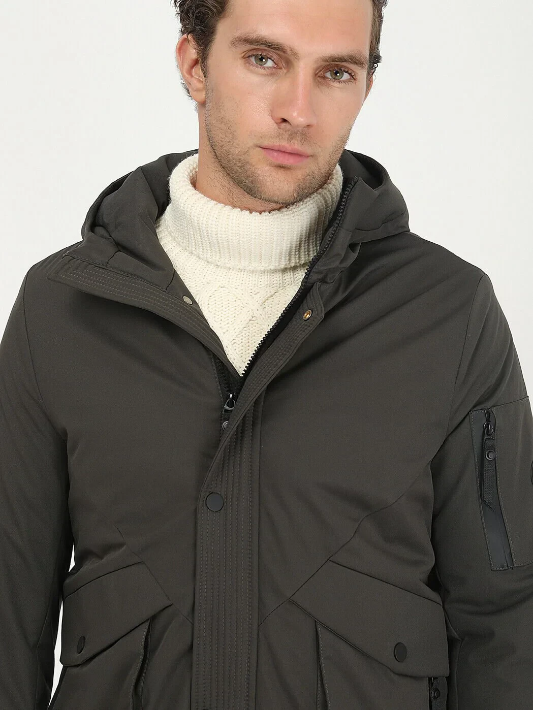Haki Regular Fit Kapüşonlu Casual Dokuma Kaban - 3