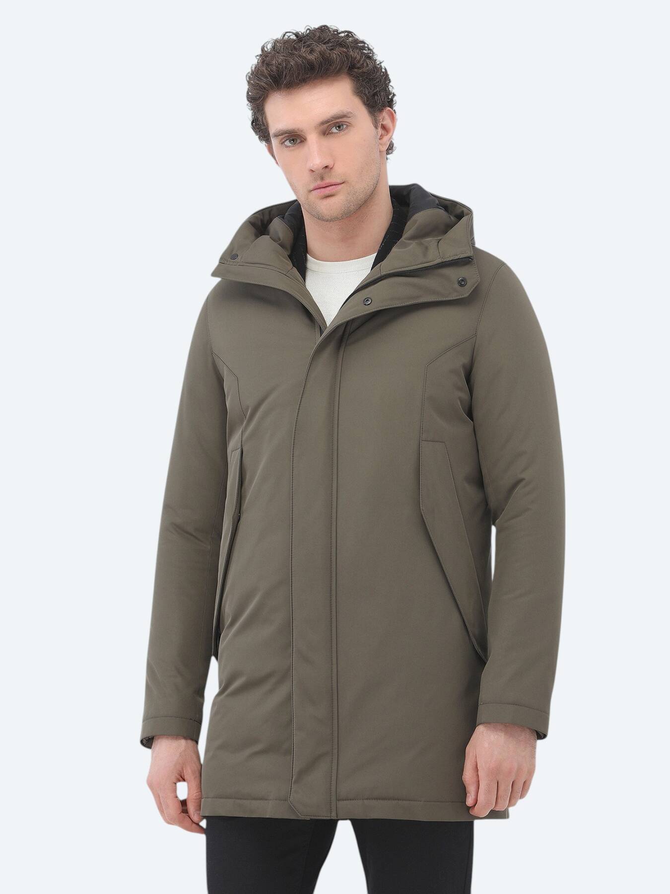 Haki Regular Fit Kapüşonlu Casual Dokuma Kaban