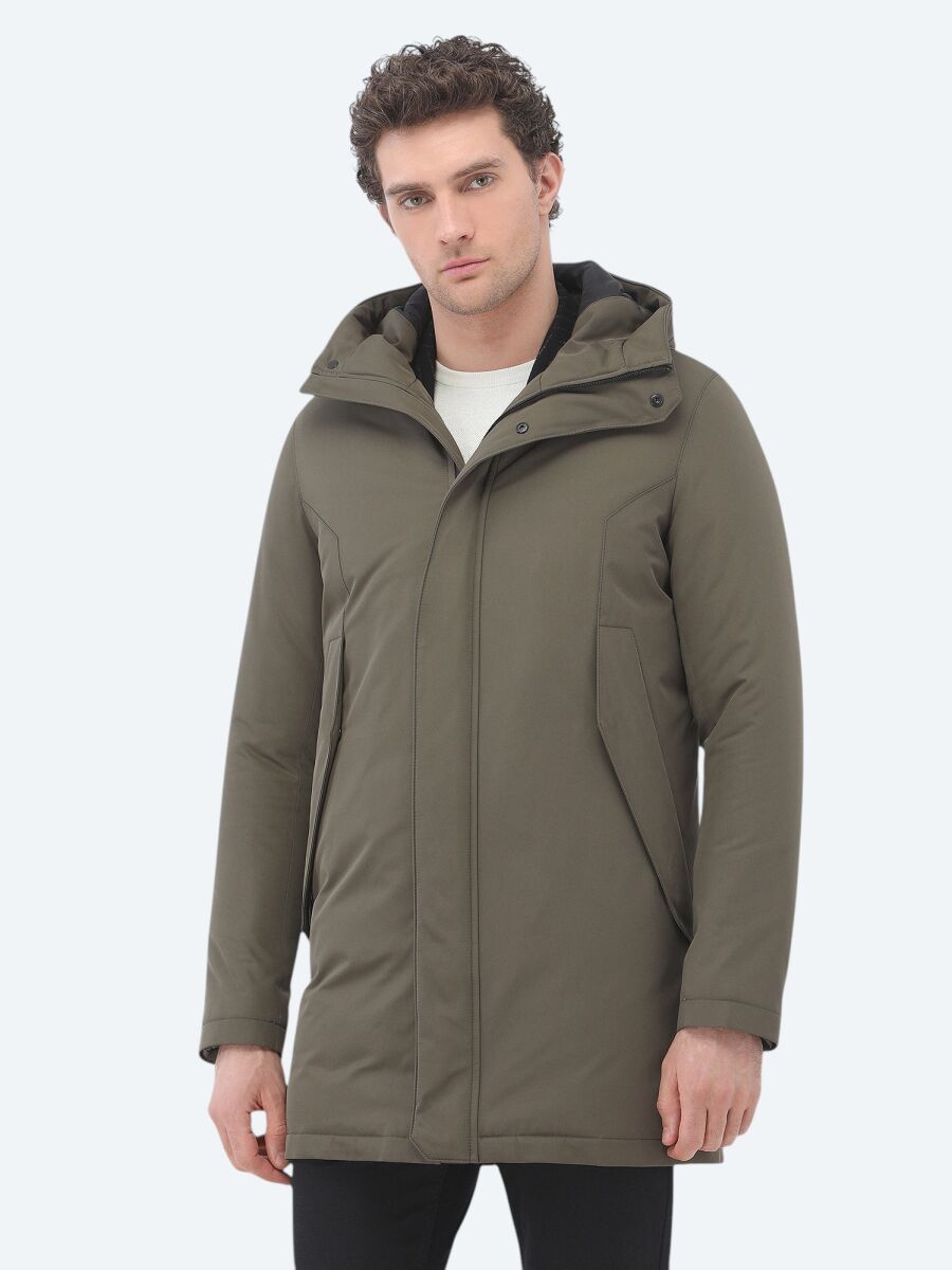 Haki Regular Fit Kapüşonlu Casual Dokuma Kaban - 1