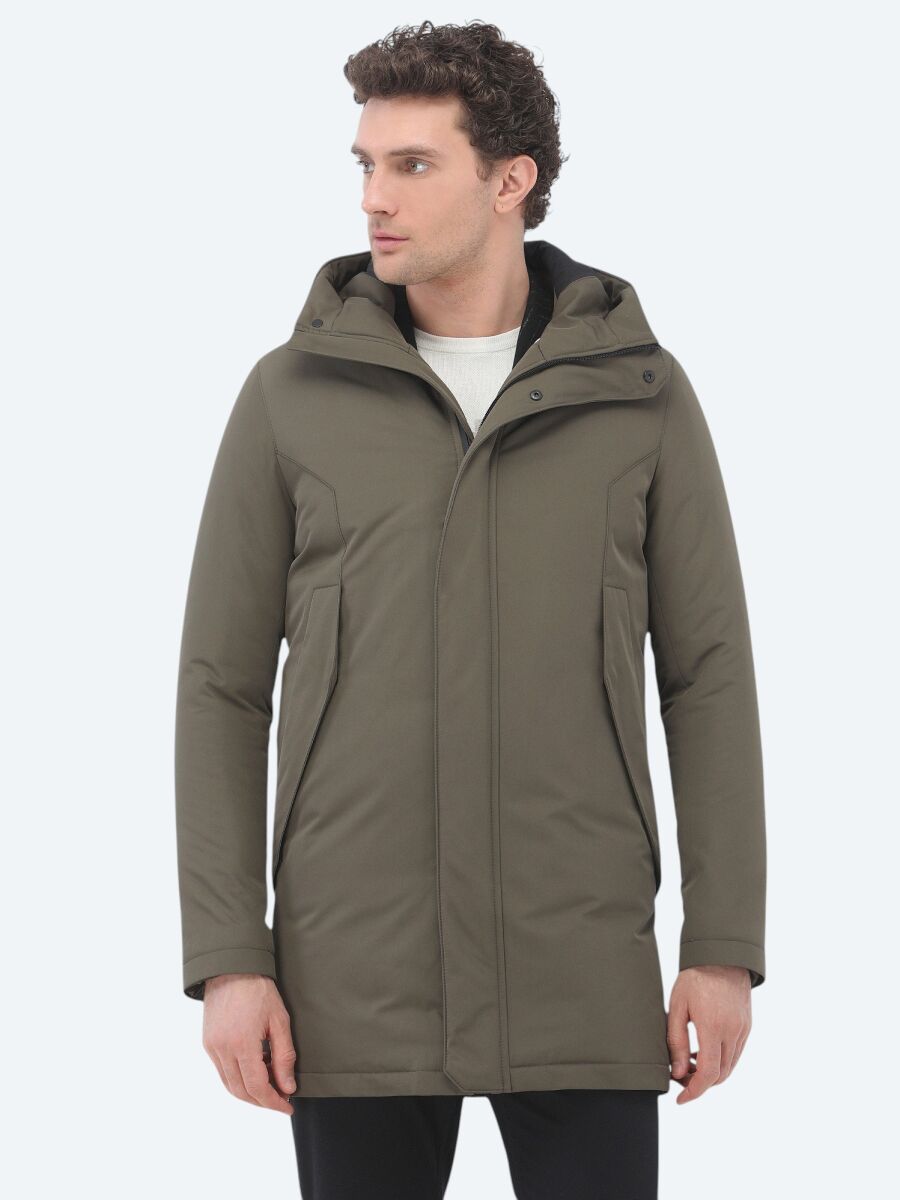 Haki Regular Fit Kapüşonlu Casual Dokuma Kaban - 2
