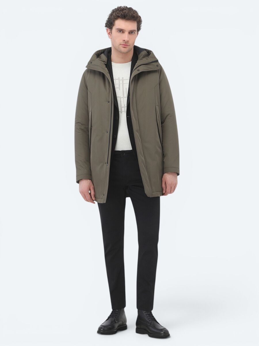 Haki Regular Fit Kapüşonlu Casual Dokuma Kaban - 3