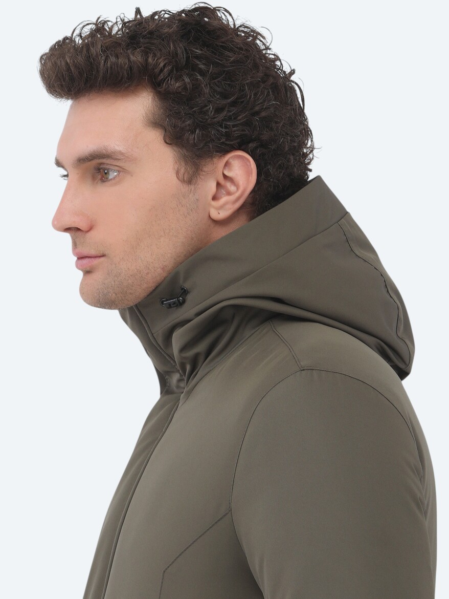 Haki Regular Fit Kapüşonlu Casual Dokuma Kaban - 5