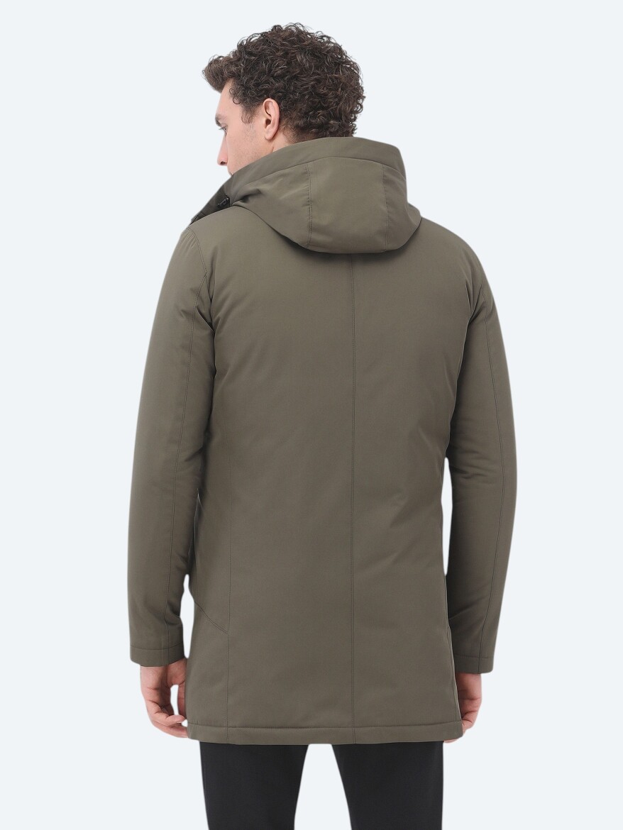 Haki Regular Fit Kapüşonlu Casual Dokuma Kaban - 6