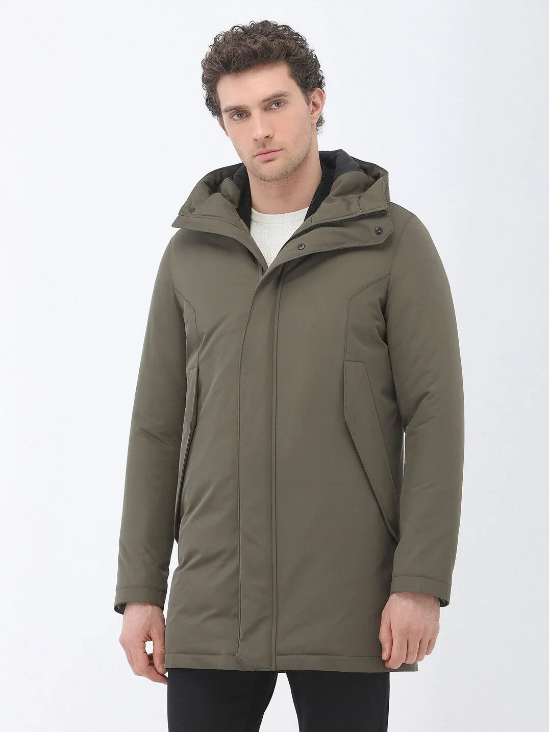 Haki Regular Fit Kapüşonlu Casual Dokuma Kaban - 1