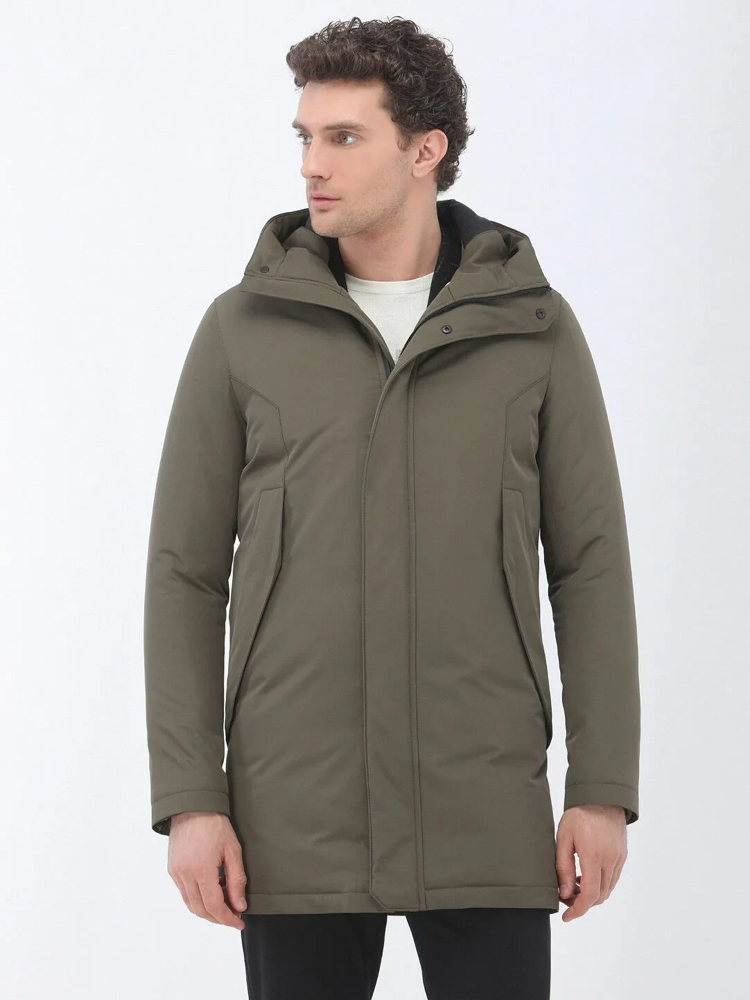 Haki Regular Fit Kapüşonlu Casual Dokuma Kaban - 2