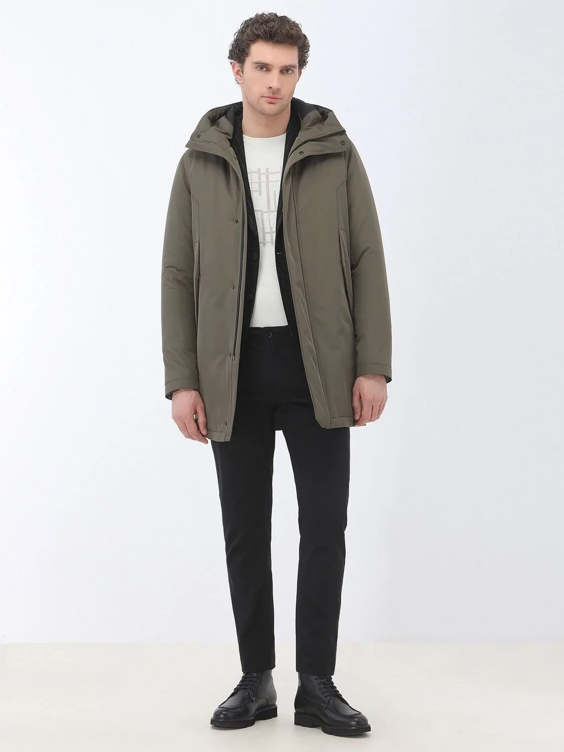 Haki Regular Fit Kapüşonlu Casual Dokuma Kaban - 3