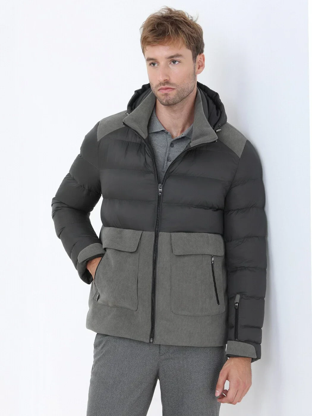 Haki Regular Fit Kapüşonlu Casual Dokuma Mont - 1
