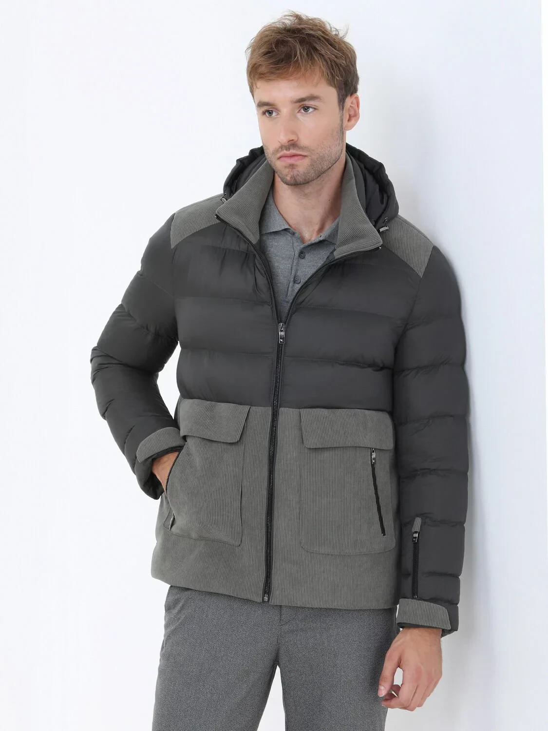 Haki Regular Fit Kapüşonlu Casual Dokuma Mont - 1