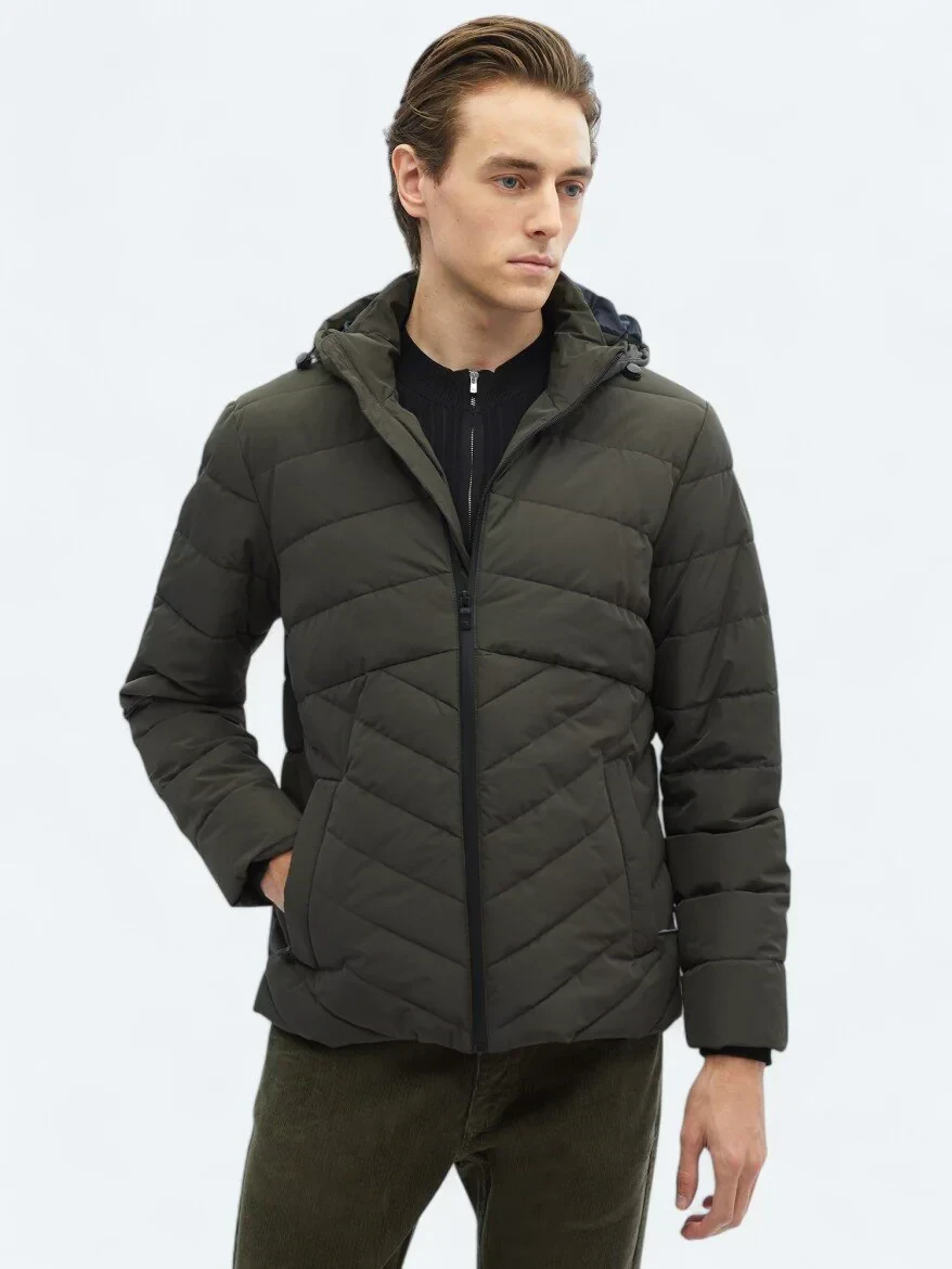 Haki Regular Fit Kapüşonlu Casual Dokuma Mont 