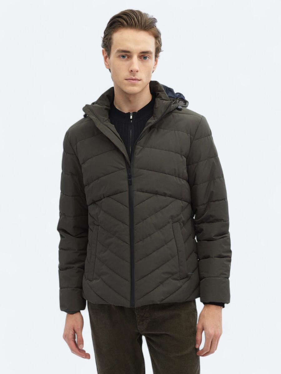 Haki Regular Fit Kapüşonlu Casual Dokuma Mont - 1