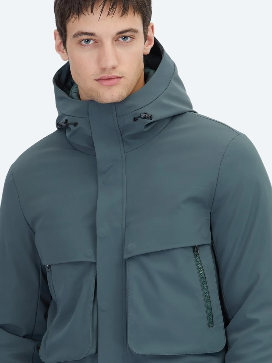 Haki Regular Fit Kapüşonlu Casual Dokuma Mont - 5