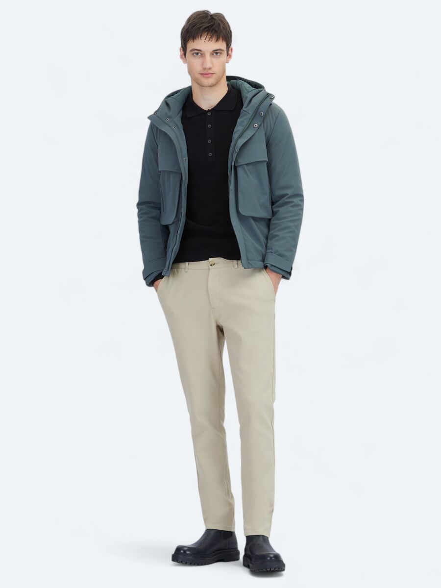 Haki Regular Fit Kapüşonlu Casual Dokuma Mont - 2