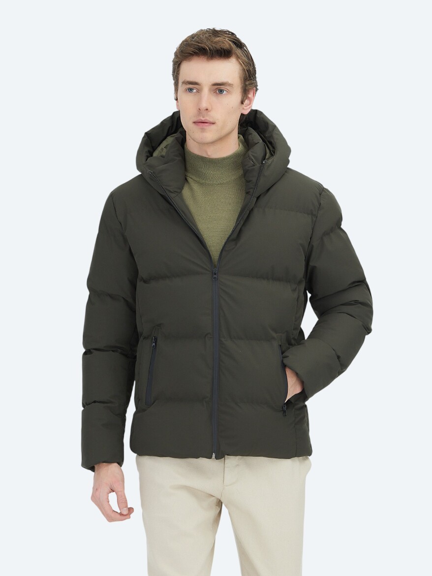 Haki Regular Fit Kapüşonlu Casual Dokuma Mont - KİP