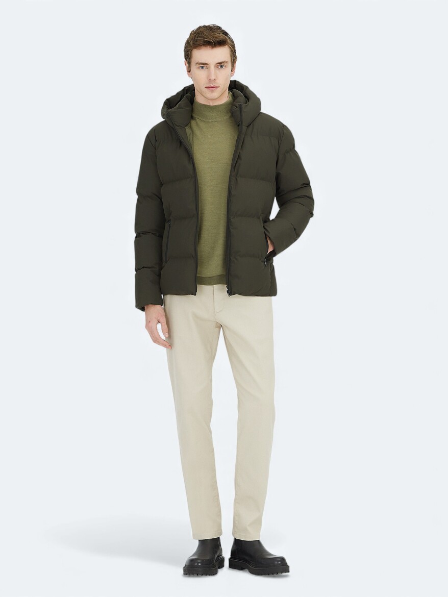 Haki Regular Fit Kapüşonlu Casual Dokuma Mont - 3