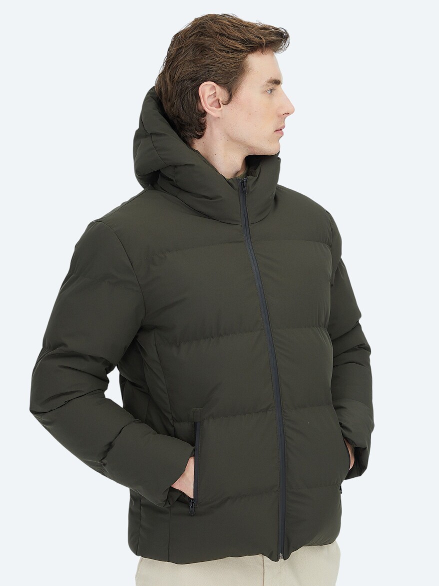 Haki Regular Fit Kapüşonlu Casual Dokuma Mont - 4