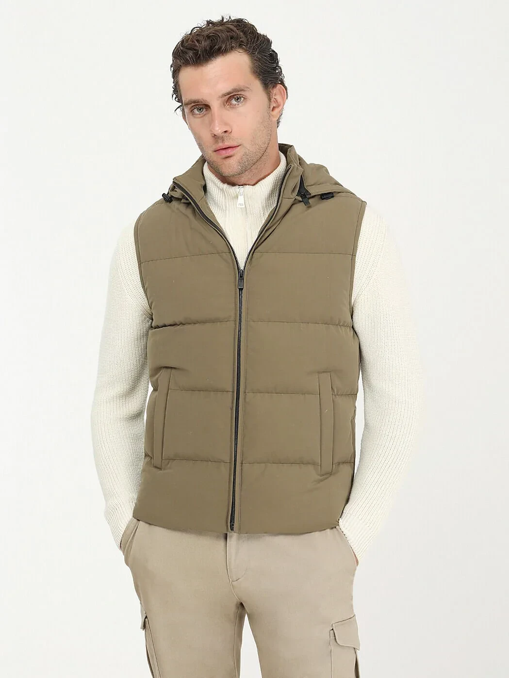 Haki Regular Fit Kapüşonlu Casual Dokuma Spor Yelek - 1