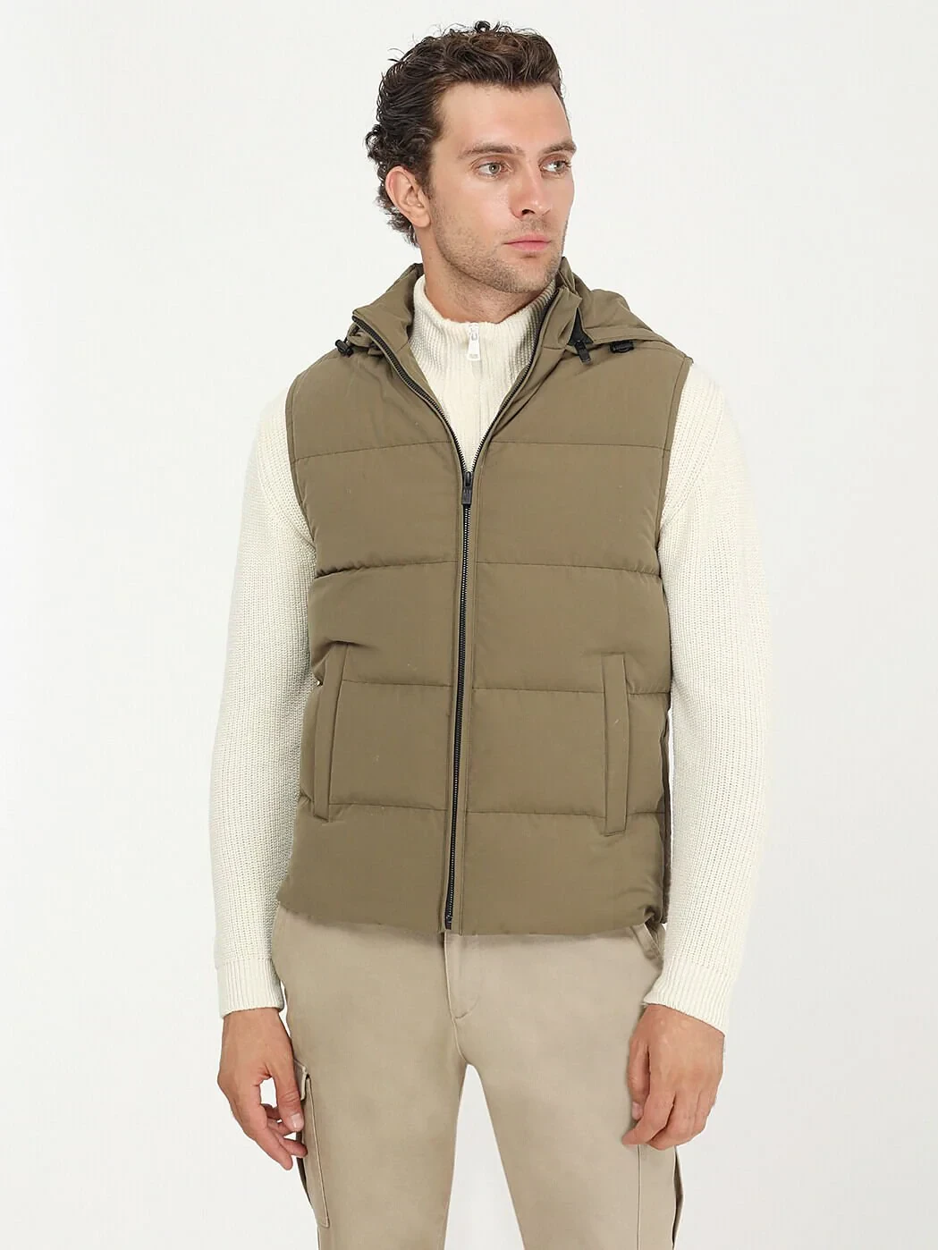 Haki Regular Fit Kapüşonlu Casual Dokuma Spor Yelek - 5