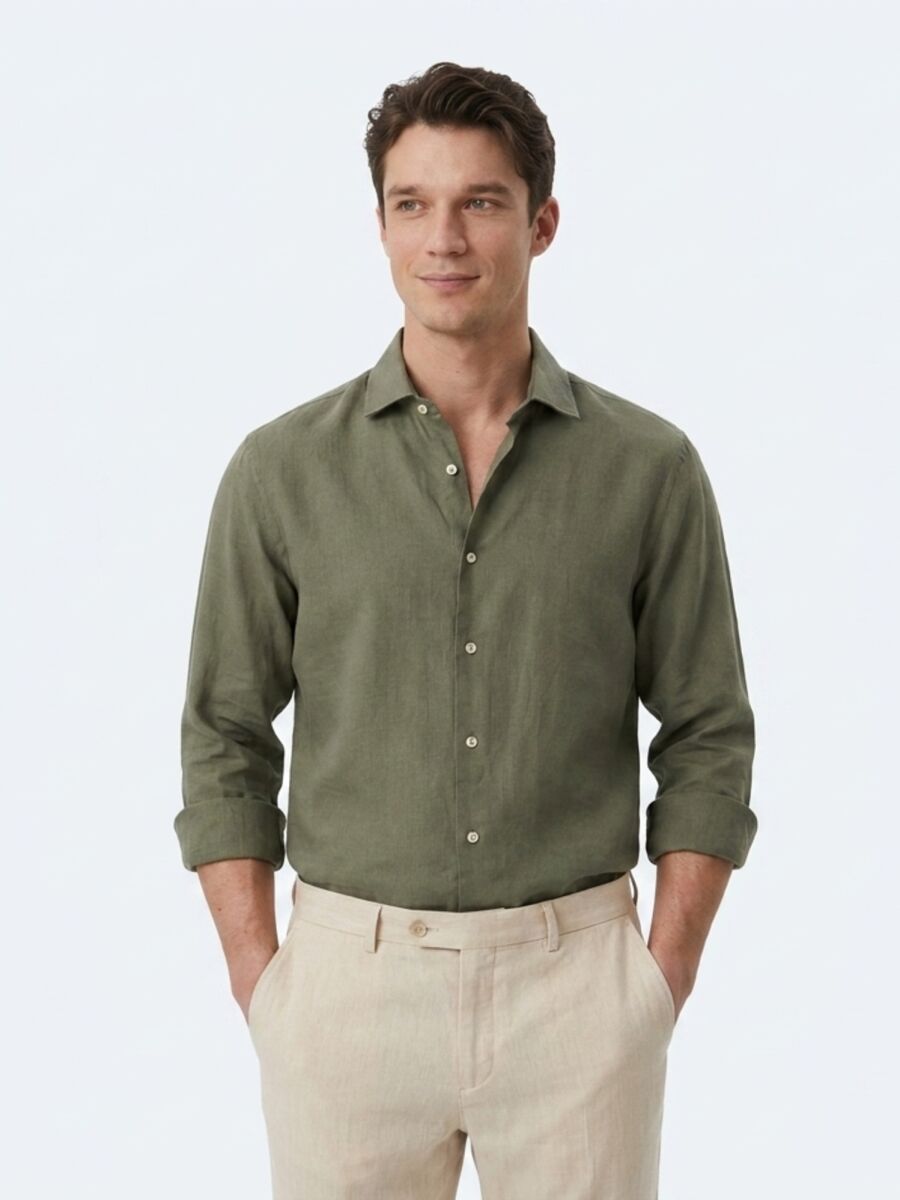 Haki Regular Fit Uzun Dokuma Casual Pamuk Karışımlı Gömlek - 1