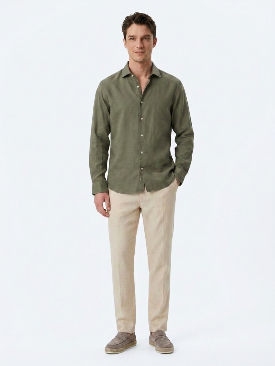 Haki Regular Fit Uzun Dokuma Casual Pamuk Karışımlı Gömlek - 3